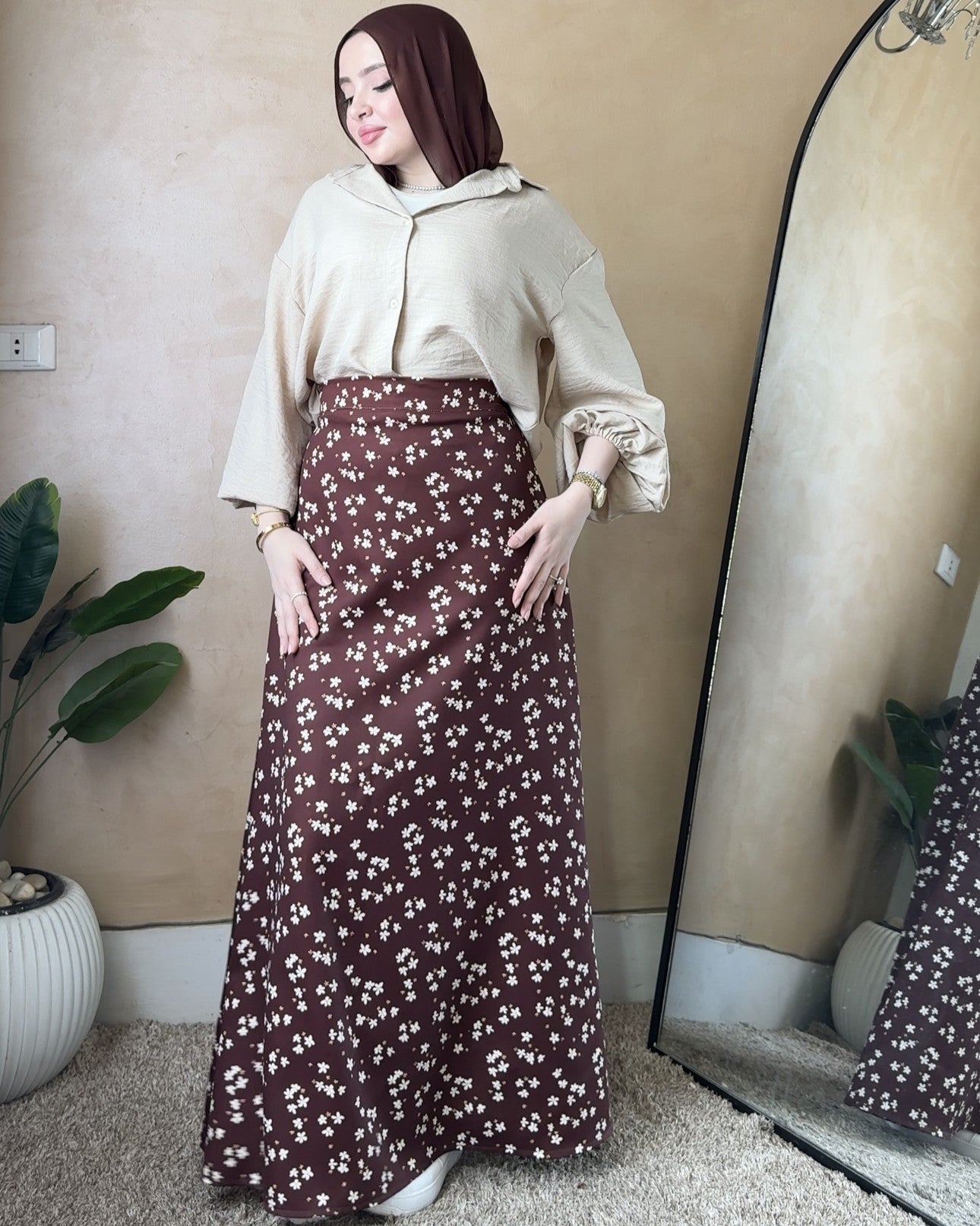 A line Brown Floral Skirt