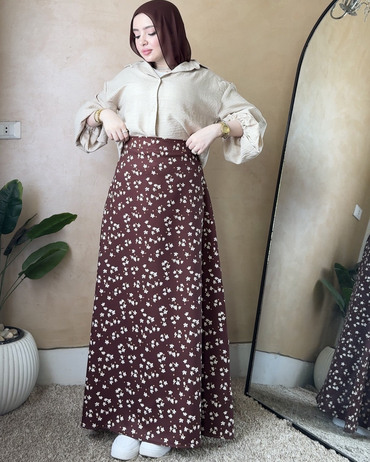A line Brown Floral Skirt