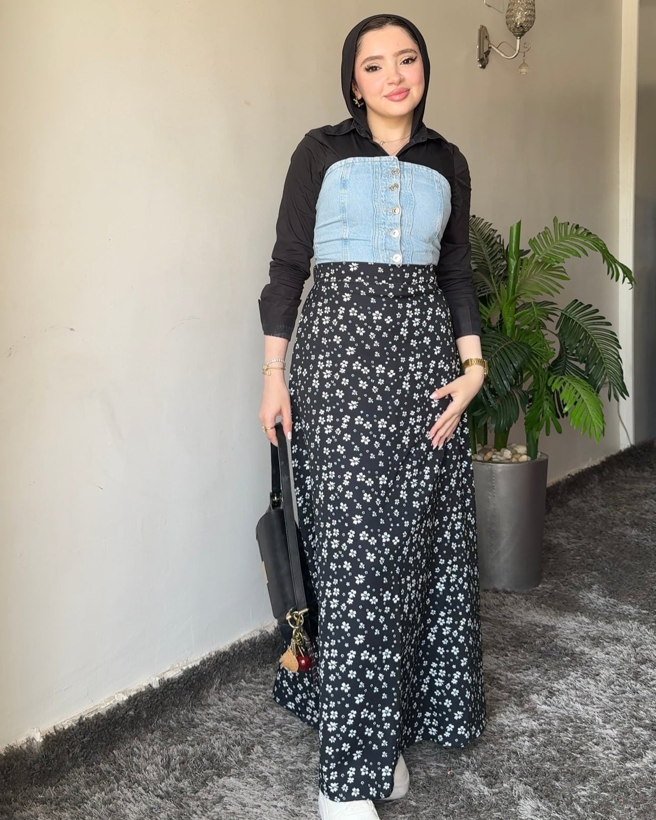 A line Black Floral Skirt